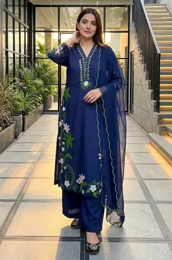 Navy blue silk blend embroidered palazzo set