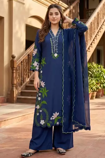 Navy blue silk blend embroidered palazzo set