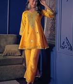 Yellow silk blend embroidered palazzo set