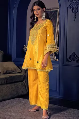 Yellow silk blend embroidered palazzo set