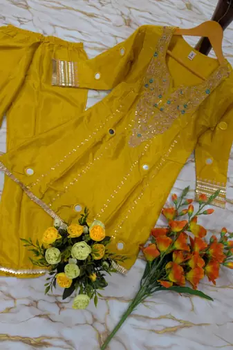 Yellow silk blend embroidered palazzo set