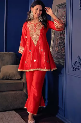 Red silk blend embroidered palazzo set