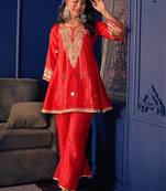 Red silk blend embroidered palazzo set
