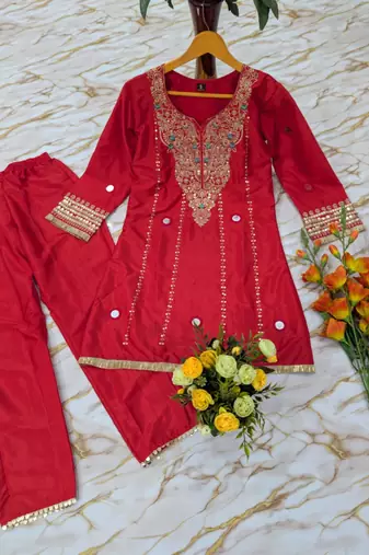 Red silk blend embroidered palazzo set