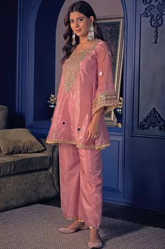 Pink silk blend embroidered palazzo set