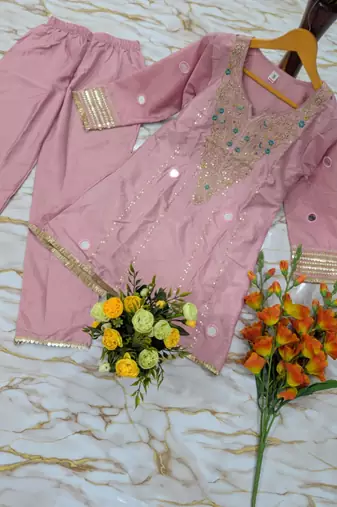 Pink silk blend embroidered palazzo set