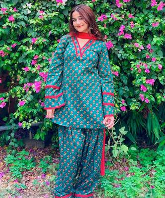 Teal crepe printed farshi salwar set 1