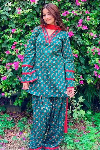 Teal crepe printed farshi salwar set