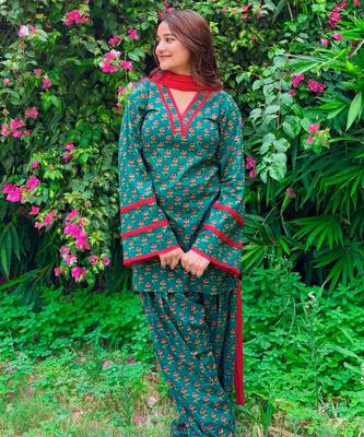 Teal crepe printed farshi salwar set 2