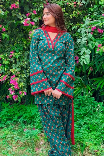 Teal crepe printed farshi salwar set