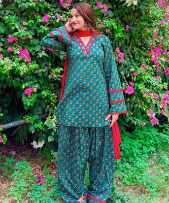 Teal crepe printed farshi salwar set 3