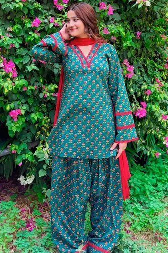 Teal crepe printed farshi salwar set
