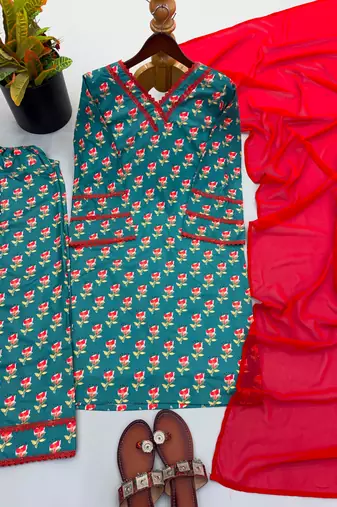 Teal crepe printed farshi salwar set