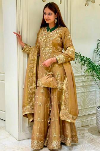 Gold silk blend embroidered palazzo set