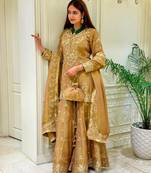 Gold silk blend embroidered palazzo set