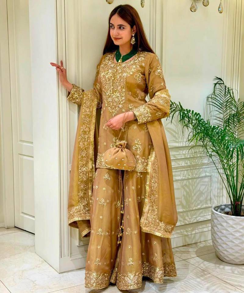 Gold silk blend embroidered palazzo set
