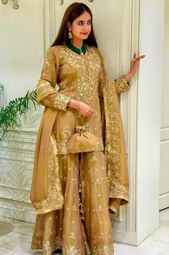 Gold silk blend embroidered palazzo set