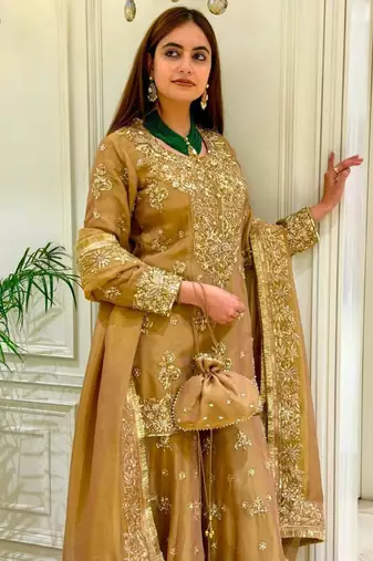 Gold silk blend embroidered palazzo set