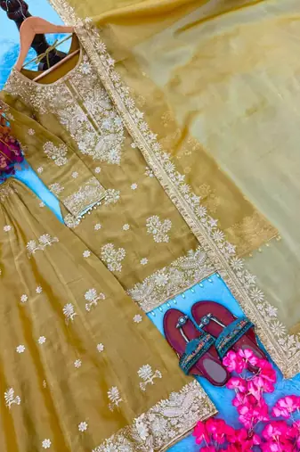 Gold silk blend embroidered palazzo set