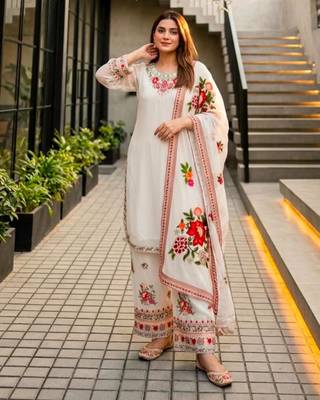 White faux georgette embroidered palazzo set 1