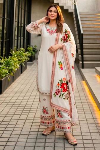 White faux georgette embroidered palazzo set