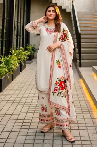 White faux georgette embroidered palazzo set