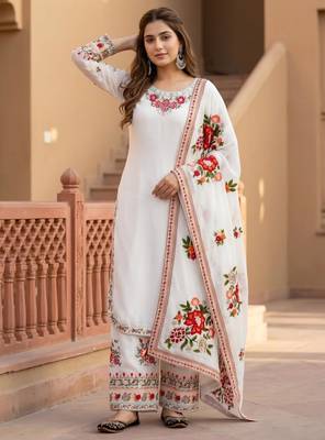 White faux georgette embroidered palazzo set 2