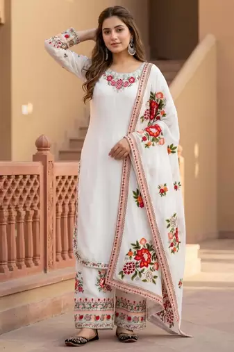 White faux georgette embroidered palazzo set