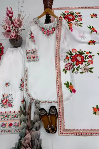 White faux georgette embroidered palazzo set