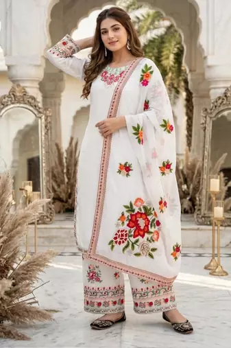 White faux georgette embroidered palazzo set