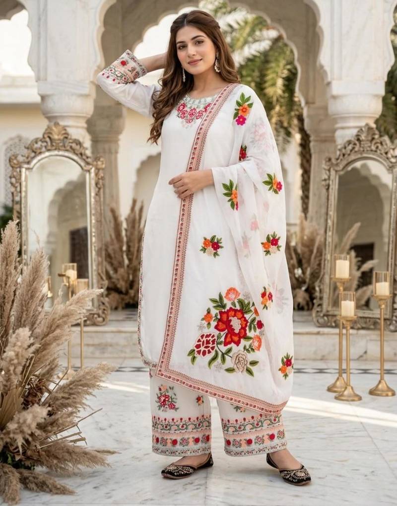 White faux georgette embroidered palazzo set