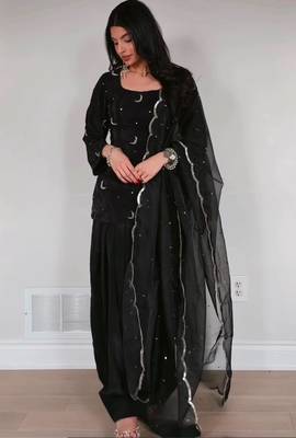 Black silk blend embroidered farshi salwar set 1