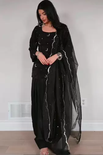 Black silk blend embroidered farshi salwar set