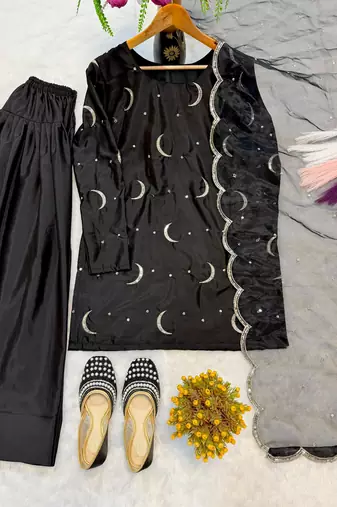 Black silk blend embroidered farshi salwar set