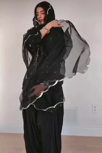 Black silk blend embroidered farshi salwar set