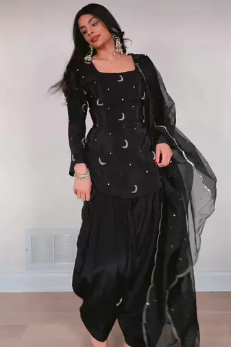 Black silk blend embroidered farshi salwar set
