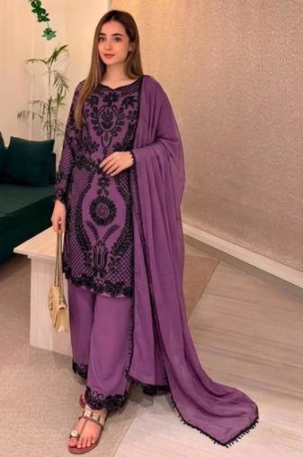 Purple faux georgette embroidered kurta set