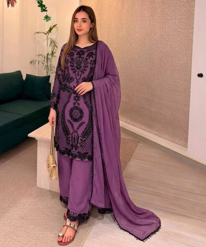 Purple faux georgette embroidered kurta set