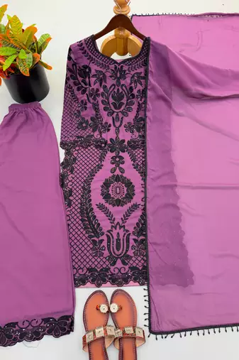 Purple faux georgette embroidered kurta set
