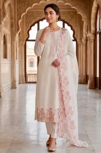 White silk blend embroidered kurta set