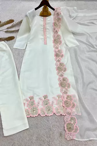 White silk blend embroidered kurta set