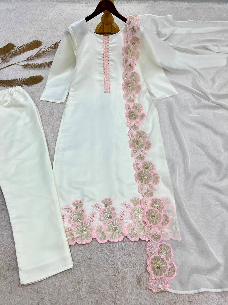 White silk blend embroidered kurta set