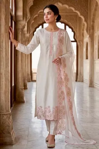 White silk blend embroidered kurta set