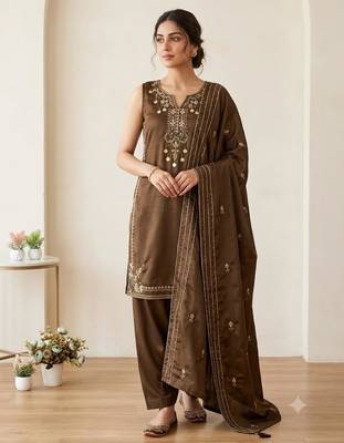 Brown silk blend embroidered farshi salwar set 1