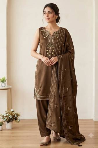 Brown silk blend embroidered farshi salwar set