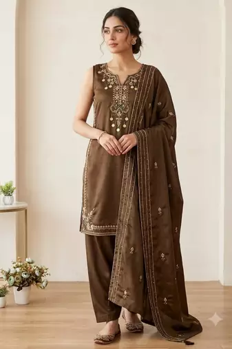 Brown silk blend embroidered farshi salwar set