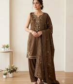 Brown silk blend embroidered farshi salwar set