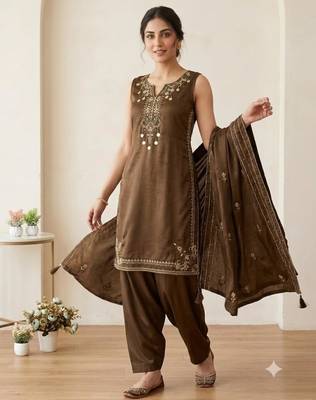 Brown silk blend embroidered farshi salwar set 2