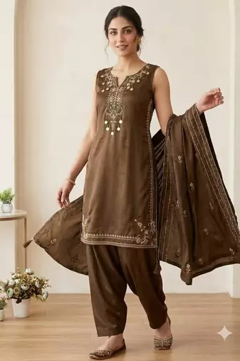 Brown silk blend embroidered farshi salwar set