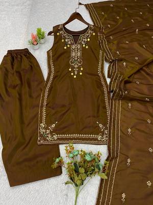 Brown silk blend embroidered farshi salwar set 3